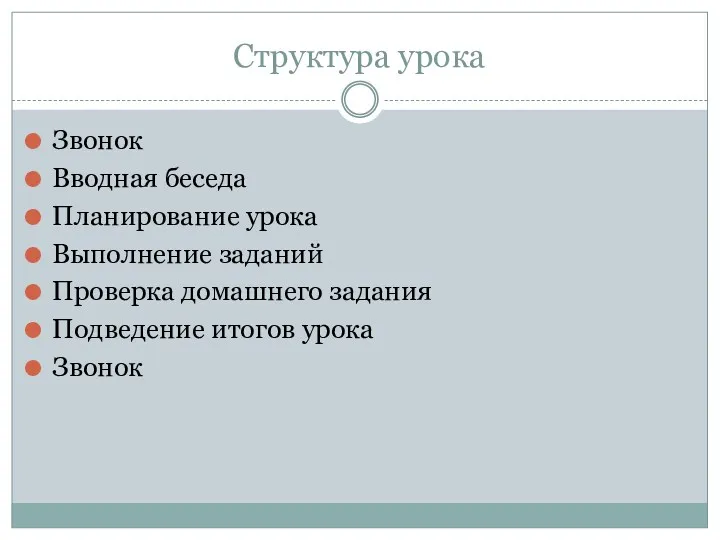 Структура урока Звонок Вводная беседа Планирование урока Выполнение заданий Проверка домашнего задания Подведение итогов урока Звонок