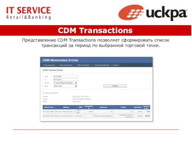 CDM Transactions Представление CDM Transactions позволяет сформировать список трансакций за период по выбранной торговой точке.