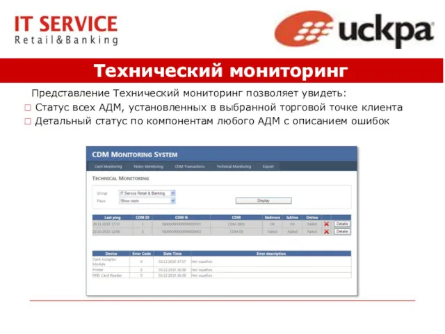 Технический мониторинг Представление Технический мониторинг позволяет увидеть: Статус всех АДМ,