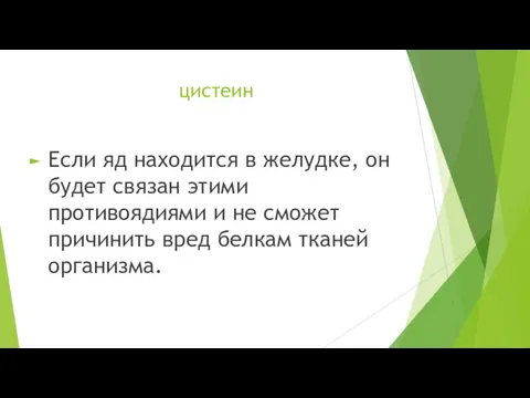 цистеин Если яд находится в желудке, он будет связан этими