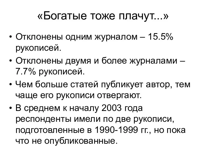 «Богатые тоже плачут...» Отклонены одним журналом – 15.5% рукописей. Отклонены