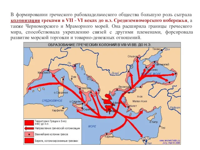 В формировании греческого рабовладельческого общества большую роль сыграла колонизация греками