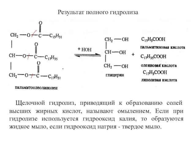 Результат полного гидролиза Щелочной гидролиз, приводящий к образованию солей высших