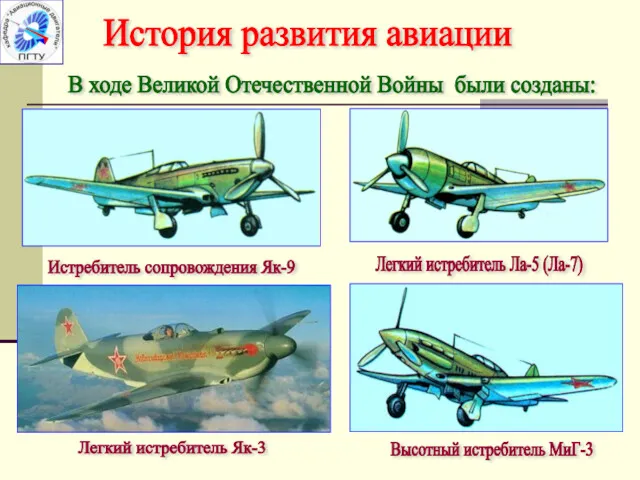 История развития авиации В ходе Великой Отечественной Войны были созданы: