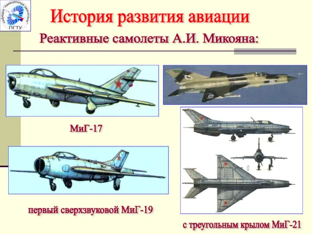 История развития авиации Реактивные самолеты А.И. Микояна: МиГ-17 первый сверхзвуковой МиГ-19 с треугольным крылом МиГ-21