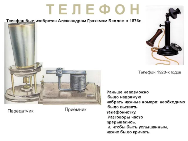 Телефон был изобретен Александром Грэхемом Беллом в 1876г. Раньше невозможно