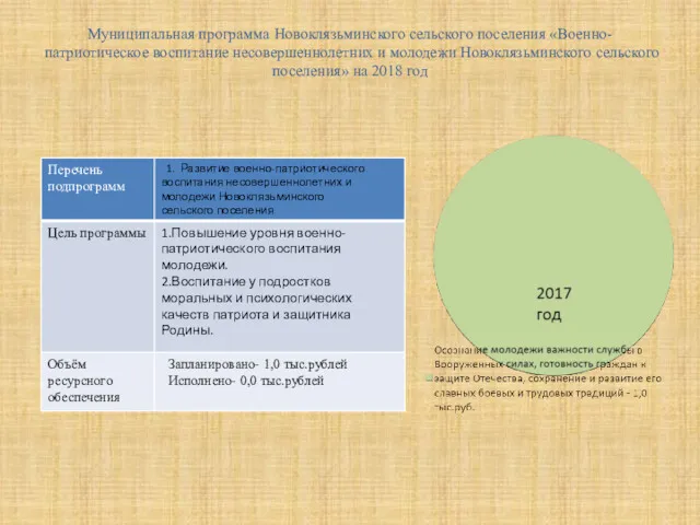 Муниципальная программа Новоклязьминского сельского поселения «Военно-патриотическое воспитание несовершеннолетних и молодежи Новоклязьминского сельского поселения» на 2018 год