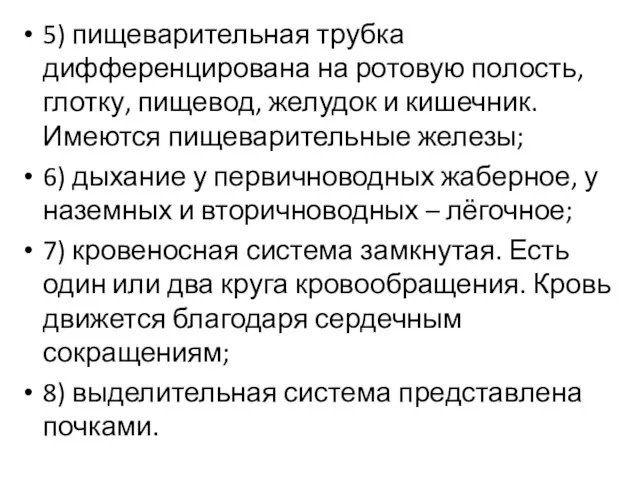 5) пищеварительная трубка дифференцирована на ротовую полость, глотку, пищевод, желудок