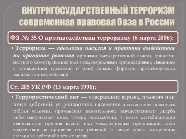 ВНУТРИГОСУДАРСТВЕННЫЙ ТЕРРОРИЗМ современная правовая база в России