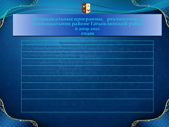 Муниципальные программы, реализуемые в муниципальном районе Татышлинский район в 2019-2021 годах