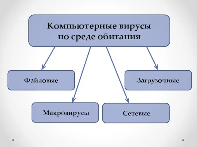 Компьютерные вирусы по среде обитания Загрузочные Макровирусы Сетевые Файловые