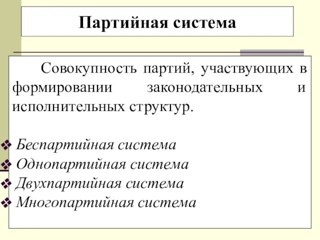 Партийная система Совокупность партий, участвующих в формировании законодательных и исполнительных