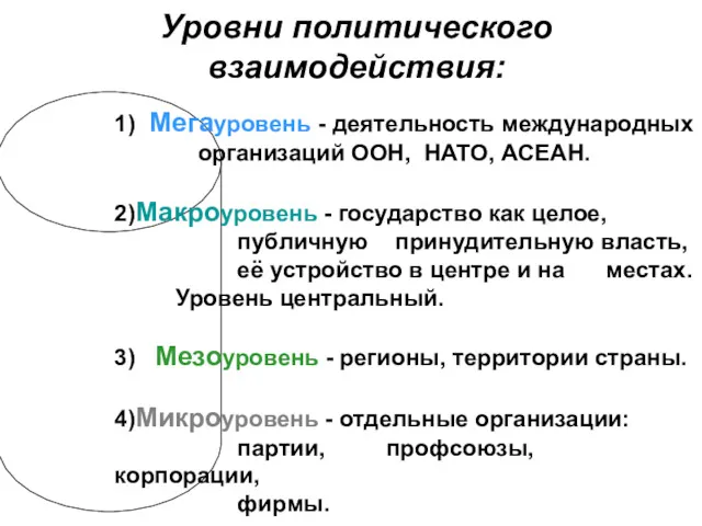 Уровни политического взаимодействия: 1) Мегауровень - деятельность международных организаций ООН,