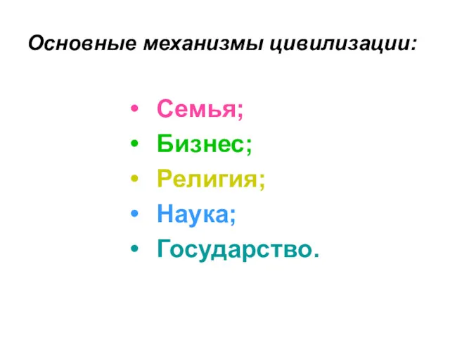 Основные механизмы цивилизации: Семья; Бизнес; Религия; Наука; Государство.