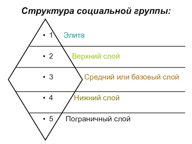 Структура социальной группы: 1 Элита 2 Верхний слой 3 Средний