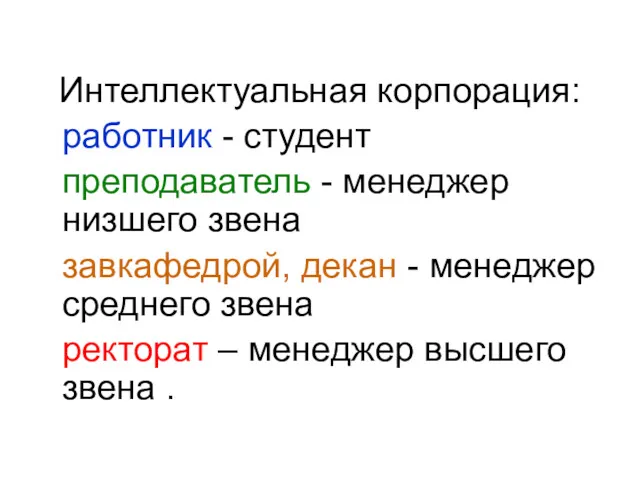 Интеллектуальная корпорация: работник - студент преподаватель - менеджер низшего звена