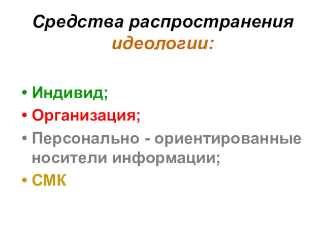 Средства распространения идеологии: Индивид; Организация; Персонально - ориентированные носители информации; СМК