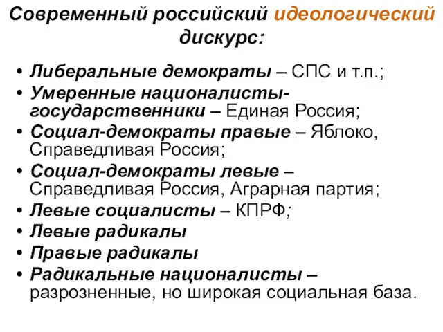 Современный российский идеологический дискурс: Либеральные демократы – СПС и т.п.;