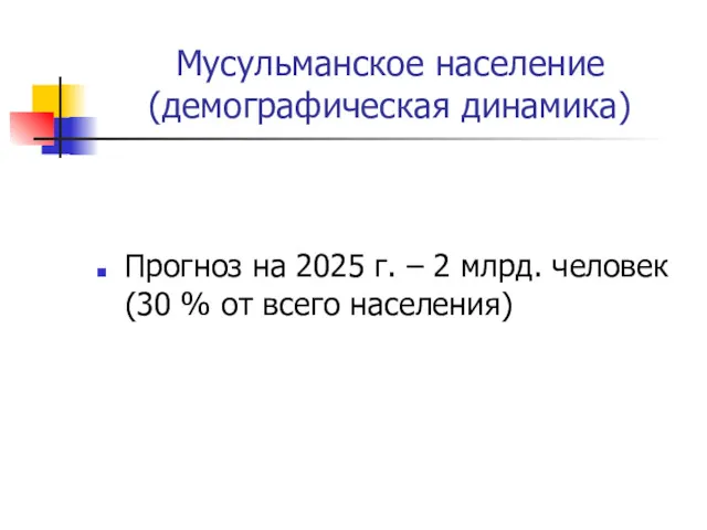 Мусульманское население (демографическая динамика) Прогноз на 2025 г. – 2