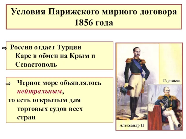 Условия Парижского мирного договора 1856 года Россия отдает Турции Карс