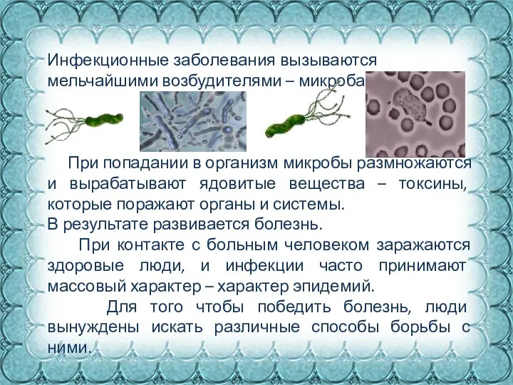 Инфекционные заболевания вызываются мельчайшими возбудителями – микробами. При попадании в