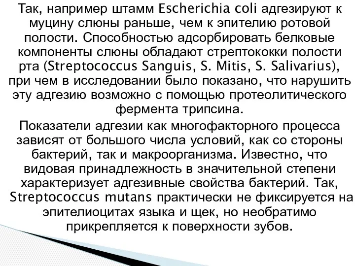 Так, например штамм Escherichia coli адгезируют к муцину слюны раньше,