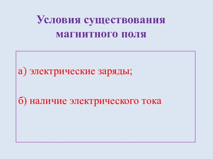 Условия существования магнитного поля а) электрические заряды; б) наличие электрического тока