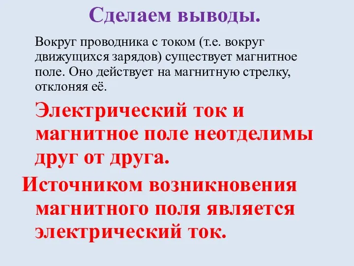 Сделаем выводы. Вокруг проводника с током (т.е. вокруг движущихся зарядов)