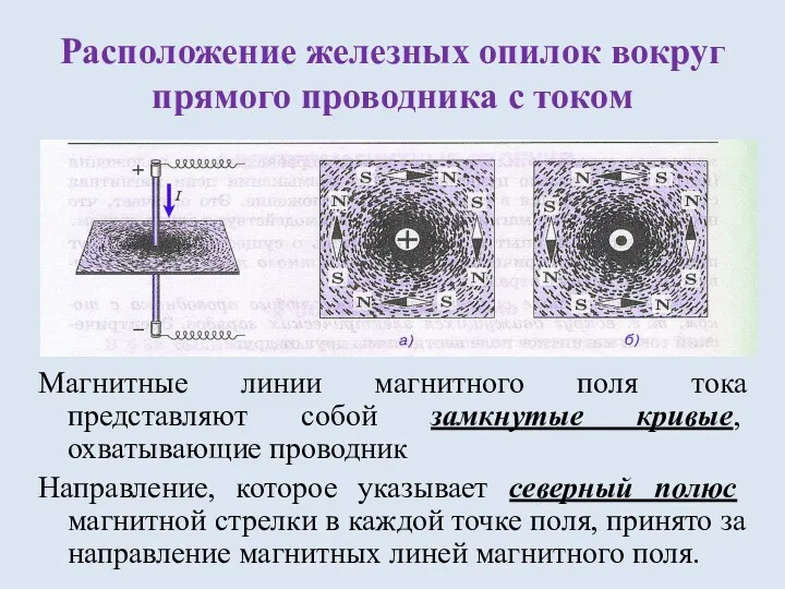 Расположение железных опилок вокруг прямого проводника с током Магнитные линии