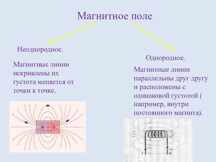 Магнитное поле Неоднородное. Однородное. Магнитные линии искривлены их густота меняется