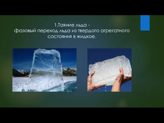 1.Таяние льда - фазовый переход льда из твердого агрегатного состояния в жидкое.