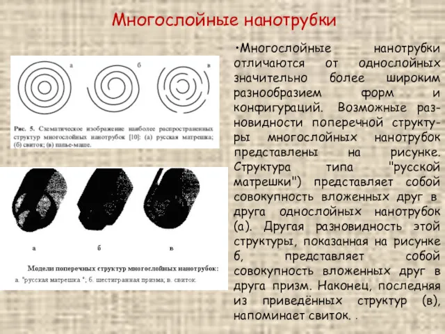 Многослойные нанотрубки Многослойные нанотрубки отличаются от однослойных значительно более широким разнообразием форм и