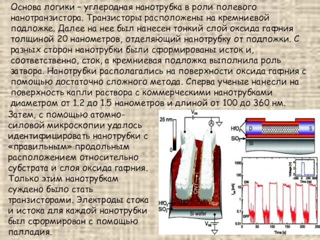 Основа логики – углеродная нанотрубка в роли полевого нанотранзистора. Транзисторы расположены на кремниевой