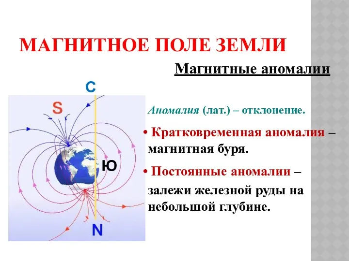 МАГНИТНОЕ ПОЛЕ ЗЕМЛИ С Ю Магнитные аномалии Аномалия (лат.) –