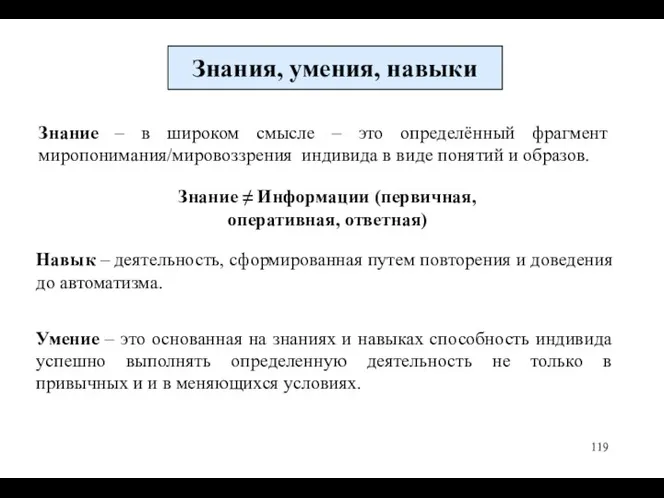 Знание – в широком смысле – это определённый фрагмент миропонимания/мировоззрения