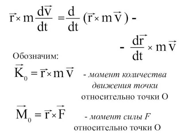 Обозначим: - момент количества движения точки относительно точки О - момент силы F относительно точки О