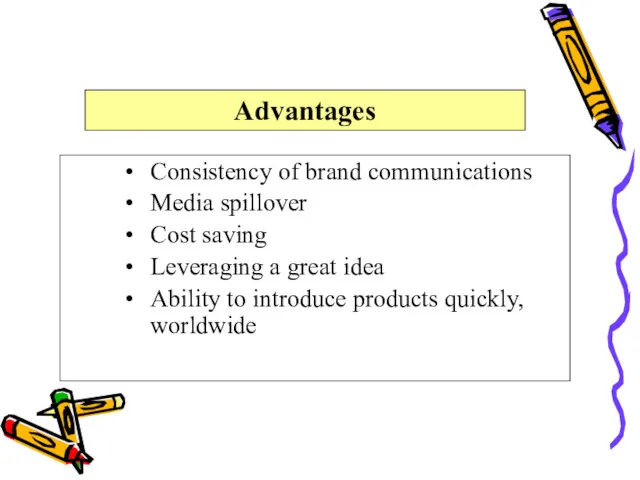 Advantages Consistency of brand communications Media spillover Cost saving Leveraging