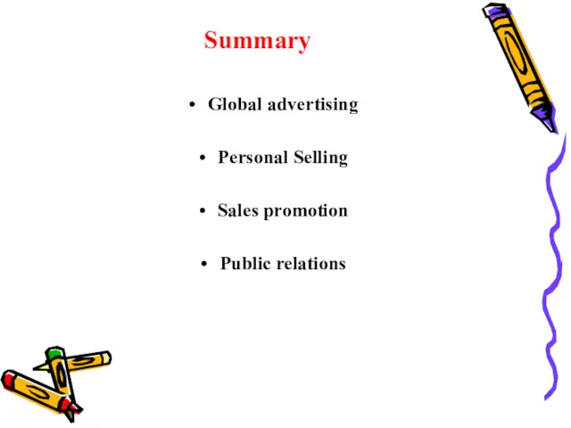 Summary Global advertising Personal Selling Sales promotion Public relations