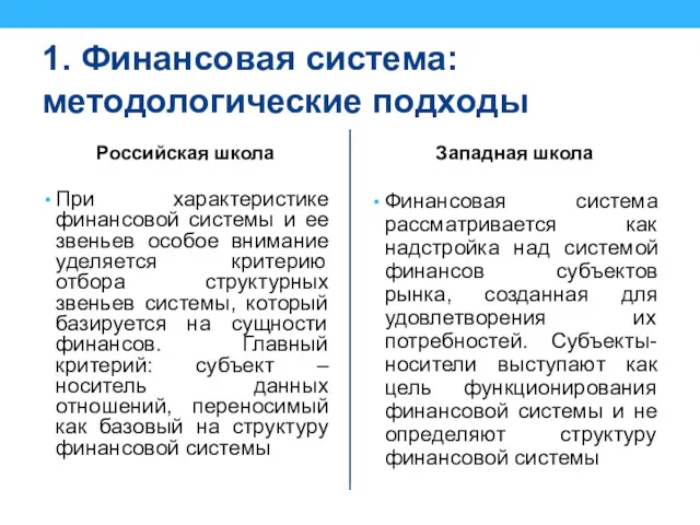 1. Финансовая система: методологические подходы Российская школа При характеристике финансовой