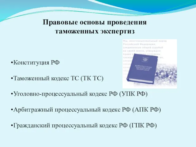 Правовые основы проведения таможенных экспертиз Конституция РФ Таможенный кодекс ТС