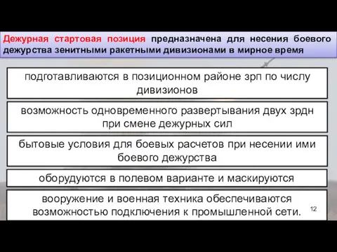 Дежурная стартовая позиция предназначена для несения боевого дежурства зенитными ракетными