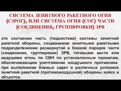 СИСТЕМА ЗЕНИТНОГО РАКЕТНОГО ОГНЯ (СЗРОГ), ИЛИ СИСТЕМА ОГНЯ (СОГ) ЧАСТИ