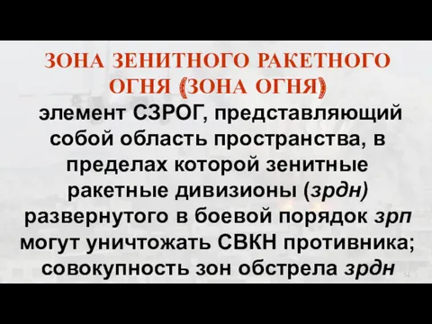 ЗОНА ЗЕНИТНОГО РАКЕТНОГО ОГНЯ (ЗОНА ОГНЯ) элемент СЗРОГ, представляющий собой