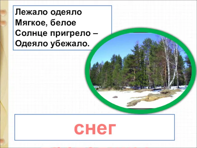 Лежало одеяло Мягкое, белое Солнце пригрело – Одеяло убежало. снег проталины