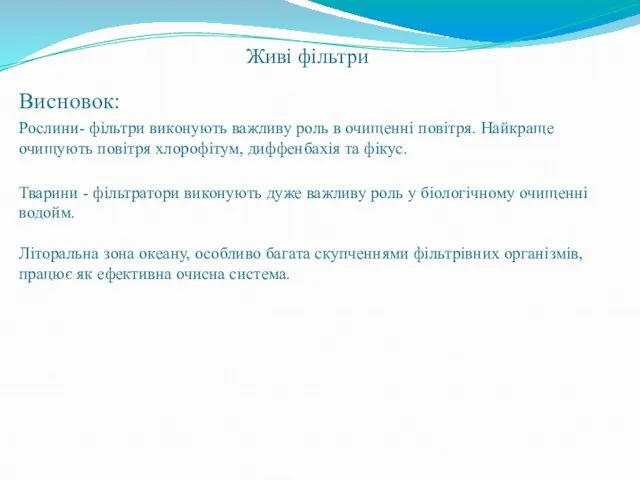 Живі фільтри Висновок: Рослини- фільтри виконують важливу роль в очищенні