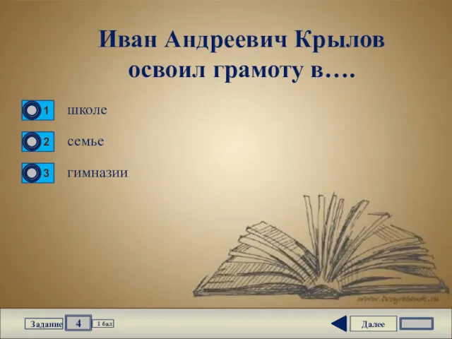 Далее 4 Задание 1 бал. Иван Андреевич Крылов освоил грамоту в…. школе семье гимназии