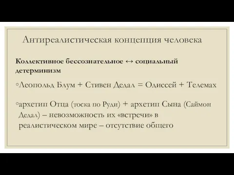 Антиреалистическая концепция человека Коллективное бессознательное ↔ социальный детерминизм Леопольд Блум