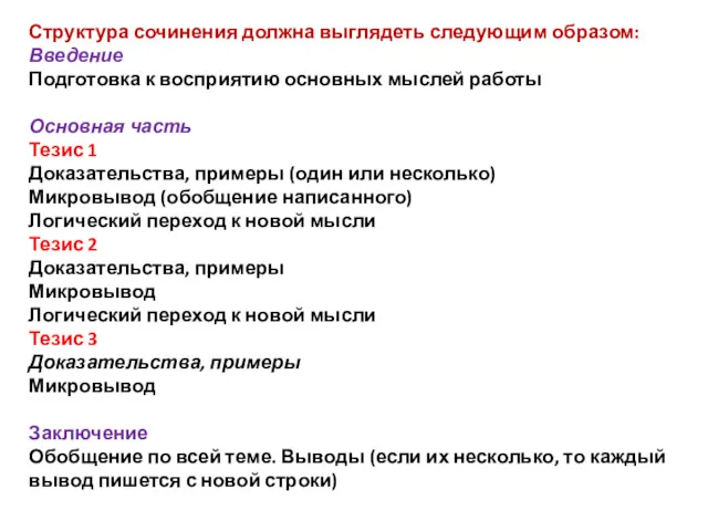 Структура сочинения должна выглядеть следующим образом: Введение Подготовка к восприятию