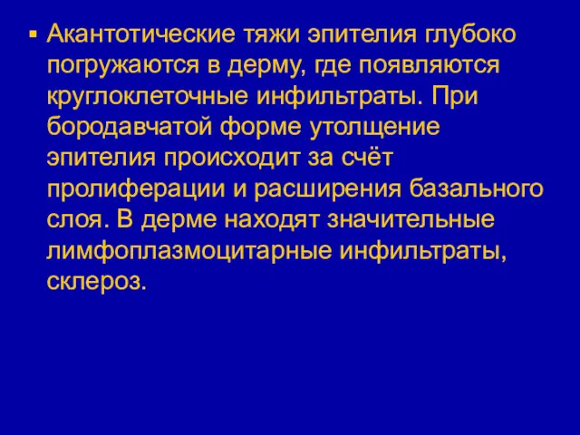 Акантотические тяжи эпителия глубоко погружаются в дерму, где появляются круглоклеточные