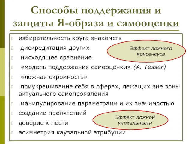 Способы поддержания и защиты Я-образа и самооценки избирательность круга знакомств